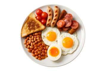 Delicious full English breakfast plate with fried eggs sausages beans toast and tomatoes
