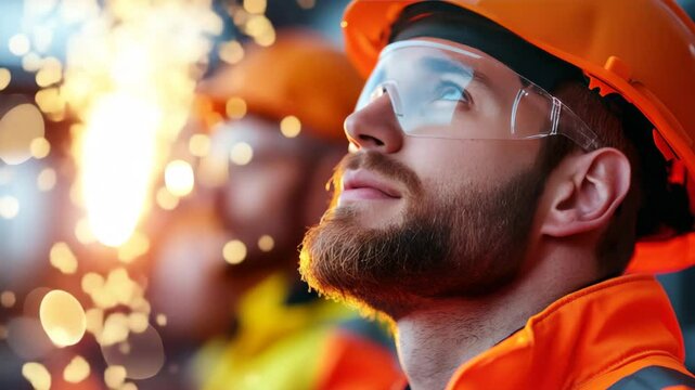 Gentle zoom-in on the worker's face He looks up with a look of concentration In the background, bright sparks fly through the air, and their reflections move across his safety glasses