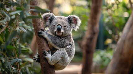 Fototapeta premium Grey koala clinging to tree trunk, surrounded by foliage