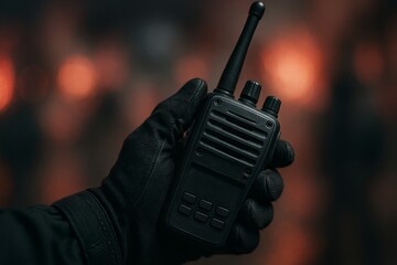 Gloved hand holding a black walkie-talkie with dramatic red lighting, symbolizing emergency, communication, and security.

