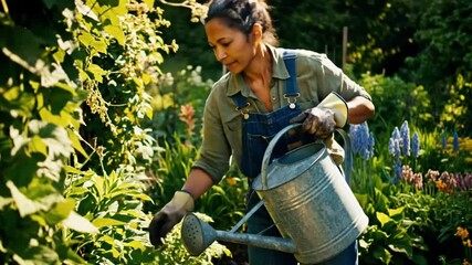 Woman gardening watering plants flowers in backyard garden care and maintenance tips for beginners guide