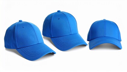 Stylish blue baseball cap isolated on white, set

