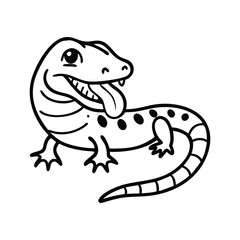 A black and white line drawing of a happy monitor lizard with its tongue extended.