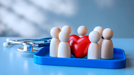 A medical-themed composition featuring white wooden peg doll figures arranged around a bright red heart-shaped object on a blue plastic tray