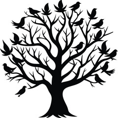Obraz premium Silhouette of a bare tree filled with birds, in black and white