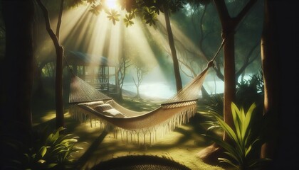 Empty hammock gently swaying in dappled light – restful peace