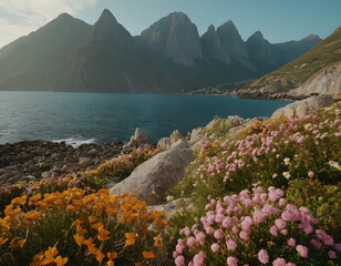 Flowers circle with water, green mountain background. Meditation. A beautiful coastal landscape featuring flowers, rocks, and high mountains.