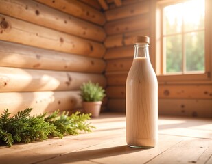 A glass bottle of fresh milk rests on a rustic wooden floor, its smooth surface reflecting soft light, surrounded by warm, earthy tones of the wood.