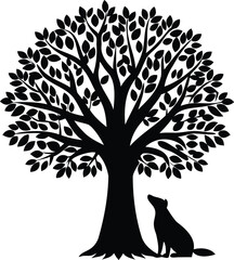 Silhouette of a dog sitting under a tree with dense foliage