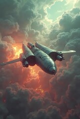 illustration of a fighter plane speeding above the sky and penetrating thick clouds. dramatic atmosphere. Generate AI