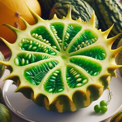 Horned melon sliced across to show emerald green jelly like inte