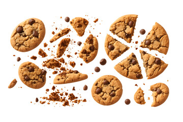Delicious chocolate chip cookies crumbling into pieces on black background