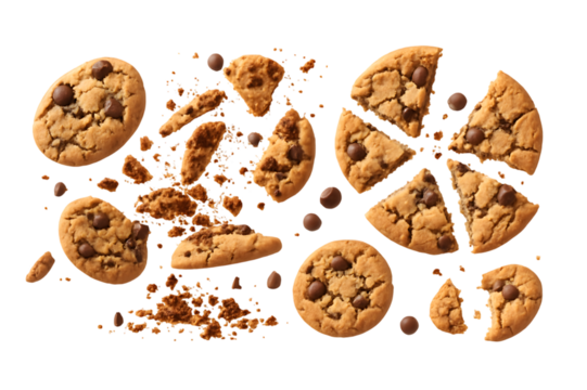 Delicious chocolate chip cookies crumbling into pieces on black background
