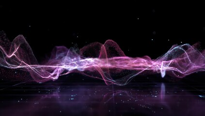 Pulsating data flows morph into soundwave visuals in a glowing, futuristic setting.