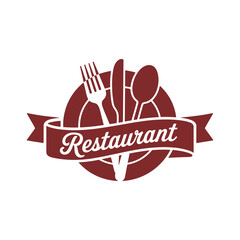 Classic Restaurant Logo Design with Fork, Spoon, Knife and Ribbon on White Background