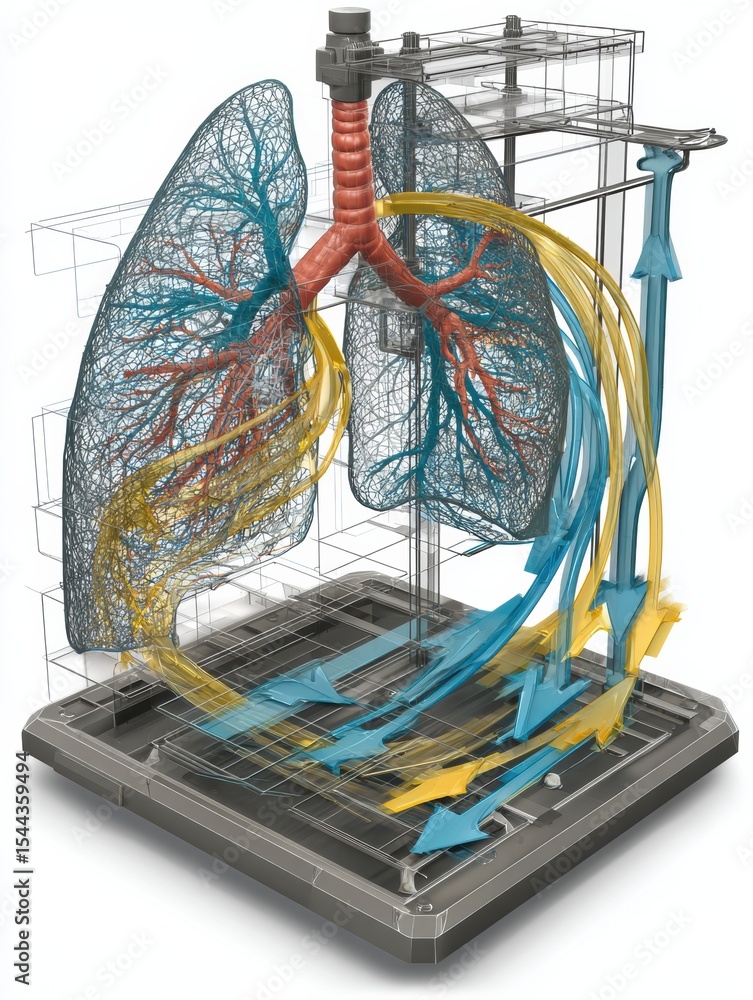 Poster Clean 3D Lung Model Illustrating Airflow Disruption With Arrows Showing Normal and Obstructed Respiratory Paths