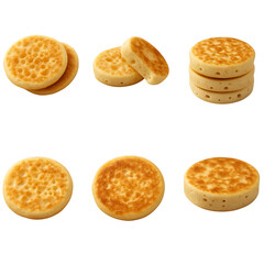 Golden brown crumpets displayed in various arrangements on black background