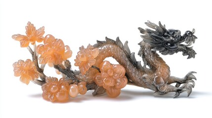 Fototapeta premium Intricate Peach and Gray Dragon Figurine on White Background