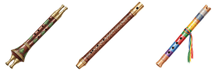 Fototapeta premium Watercolor Illustration of Diverse Traditional Flutes and Wind Instruments with Intricate Cultural Designs and Ornaments