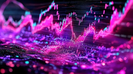 A close-up of a digital screen, where a ticker of stock market news flashed, accompanied by intricate charts illustrating fluctuating interest rates, trade wars, and market volatility 