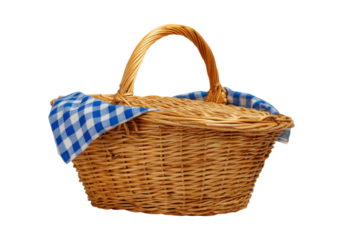 Wicker picnic basket with blue and white gingham cloth, On Transparent Background, Png Image