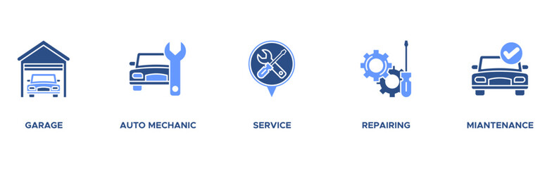 Car servicing banner web icon vector illustration concept with icon of garage, auto mechanic, service, repairing and maintenace