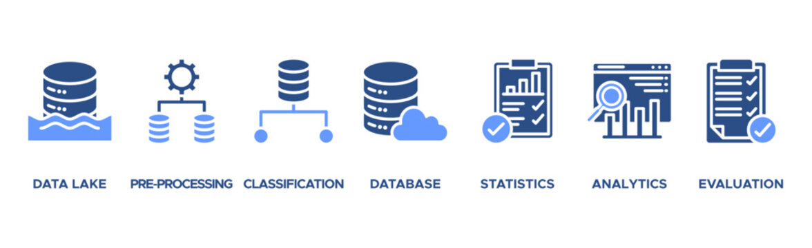 Data engineering banner web icon vector illustration concept with icon of data lake, pre-processing, classification, database, statistics, analytics and evaluation