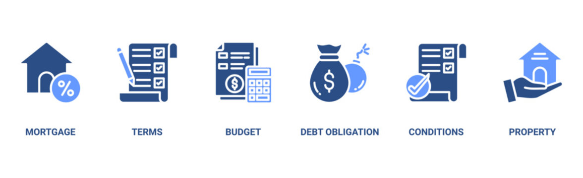 Refinance banner web icon vector illustration concept with icon of mortgage, terms, budget, debt obligation, conditions and property