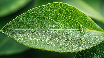 Close-up of a vibrant green leaf, covered in dew drops