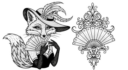 Obraz premium Elegant Fox Lady and Floral Adornment: A sophisticated line art composition features a fox wearing an elaborate hat and holding a fan, complemented by a detailed floral ornament