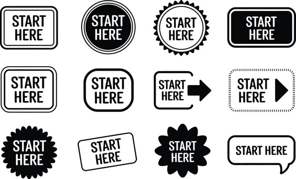 Collection of various "start here" buttons and badges in black and white designs
