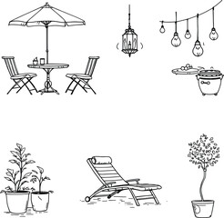 Black-and-White Vector Illustration of a Cozy Outdoor Patio Scene – Featuring Furniture, Grill, and Garden Decor