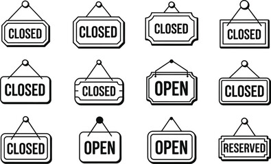 Various vector illustrations depicting open closed and reserved signage for business owners
