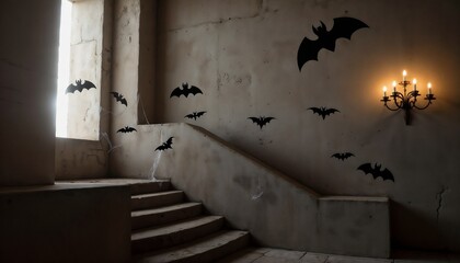 Obraz premium Dark stairway with bat silhouettes and vintage chandelier lighting 