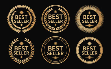Collection of elegant gold best seller badges on a black background for award and promotion design