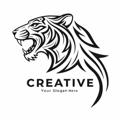 Naklejka premium A striking black and white vector illustration showcases the head of a roaring tiger, presented in profile, facing left. The tiger's mouth is open, revealing sharp teeth and a detailed tongue. Its eye