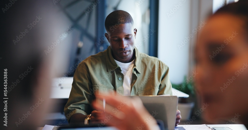 Poster coworking, laptop and planning with business man in office for administration, report or research. c