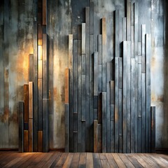 Obraz premium Faded charcoal wall with tall, textured vertical art forms, Modern interior featuring faded charcoal wall and vertical textured art 