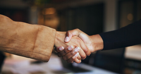 Business people, handshake and collaboration for partnership, b2b deal or brand sponsorship. Closeup, cooperation and shaking hands for agreement, trust and thank you for campaign funding in office