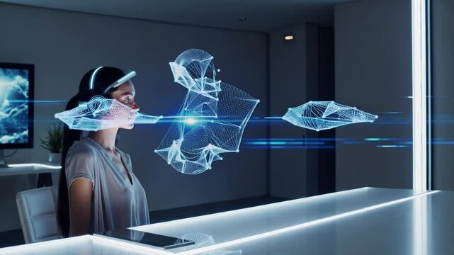 A woman in a neuro-helmet controls digital elements with the power of thought. Holographic interface in a future office. AI generated.