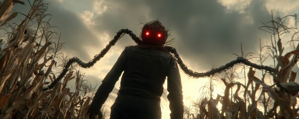 Creepy encounter with a scarecrow in a cornfield at dusk horror imagery eerie atmosphere