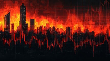 A vibrant tapestry woven from two worlds: a bustling city skyline, its glass and steel skyscrapers reaching towards the sky, juxtaposed with a dynamic stock market graph, its fluctuating lines 
