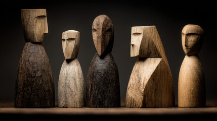 Wooden Figures in a Row on Dark Background.