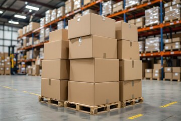 A stack of sealed cardboard boxes is neatly arranged on a wooden pallet inside a spacious warehouse with shelves stocked in the background.