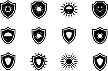 Set of protective shield icons illustrating sun umbrella and sun protection concepts