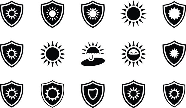 A collection of sunshine and sun protection shield icon designs in black and white