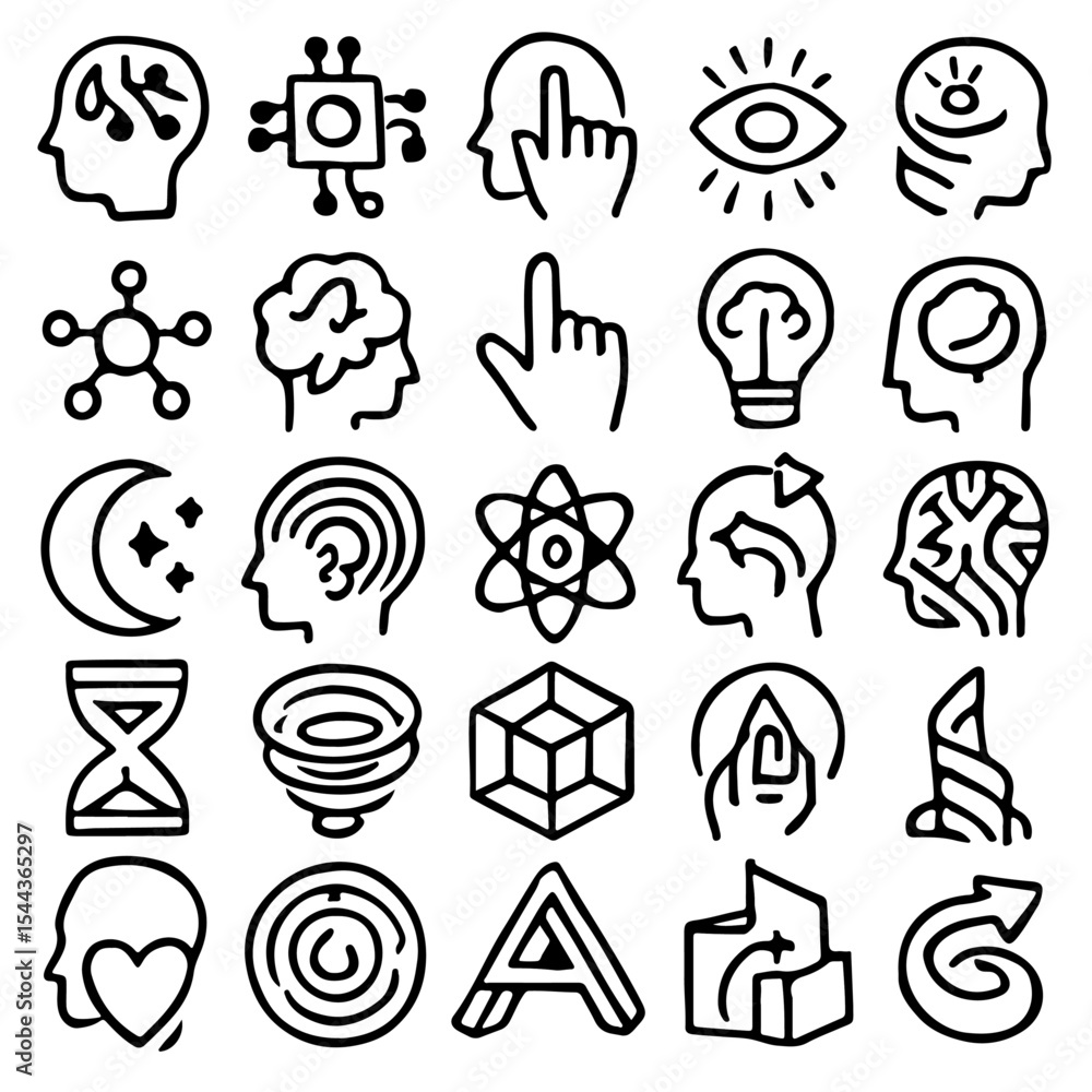Poster set of various brain and technology icon symbols arranged in a grid. the clean lines and simple desi