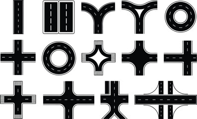 Collection of black and white road elements and street segment illustrations on white background