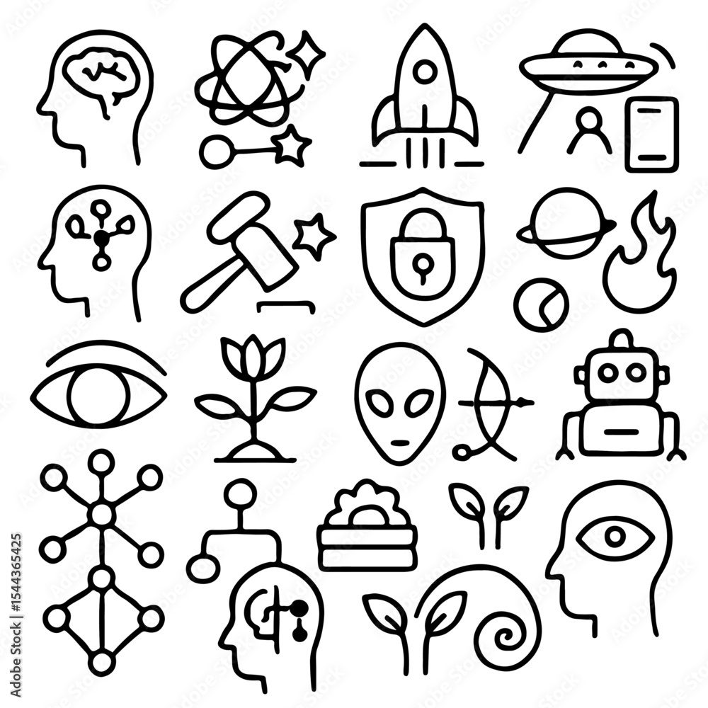 Poster a collection of various science and technology related icons. this image includes representations of