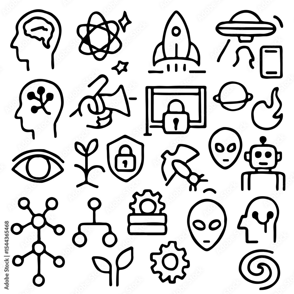 Poster a collection of icons representing science, technology, and futuristic concepts. includes images of 